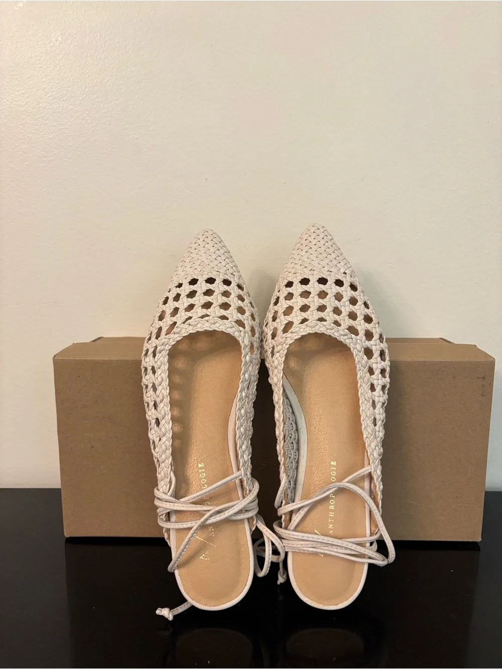 Anthropologie Minghui Woven Leather Pointed-Toe Lace-Up Flats